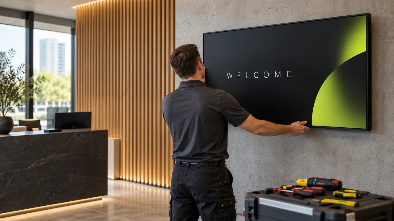 Concept commercial welcome screen installed in a reception space